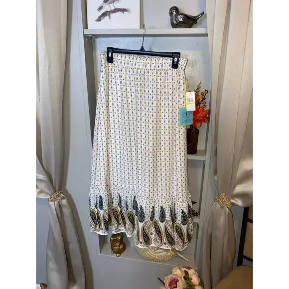 NWT CeCe Medium Lined Elastic Waist Ruffle Like Bottom Boho White Paisley Skirt - Picture 4 of 12